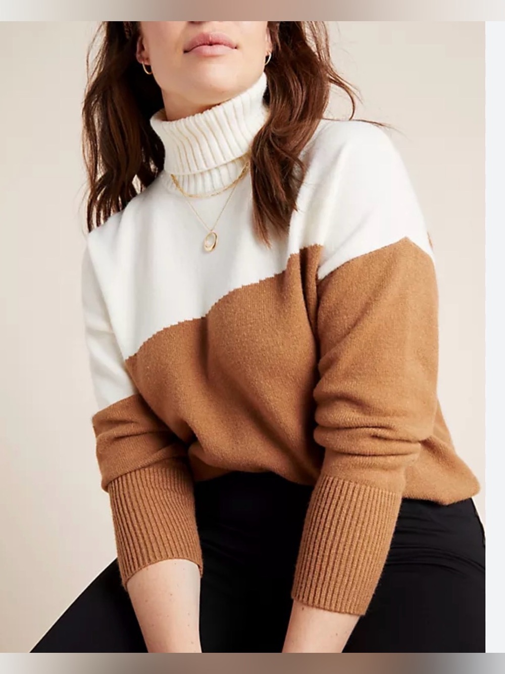 By Anthropologie Leanna Colorblocked Knit Turtleneck Sweater XS Brown Cream